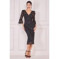 Goddiva Women's Sequin Scallop Lace Midi Dress in Black | Size: 10