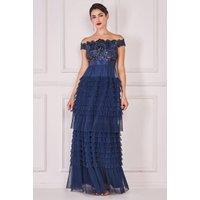 Goddiva Women's Scallop Bardot Ruffle Mesh Maxi in Navy | Size: 10