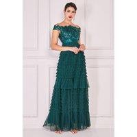 Goddiva Women's Scallop Bardot Ruffle Mesh Maxi in Emerald | Size: 10