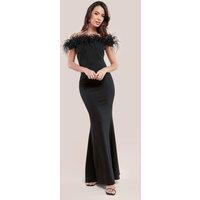 Goddiva Women's Scuba Off-The Shoulder Feather Trim Maxi in Black | Size: 8
