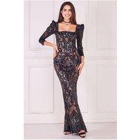 Goddiva Women's Square Neck Scalloped Lace Maxi in Black | Size: 8