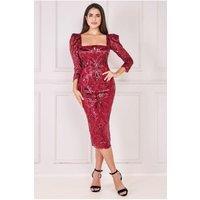 Goddiva Women's Square Neck Scalloped Lace Midi Dress in Wine | Size: 12