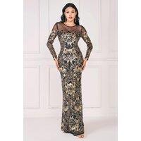 Goddiva Women's Floral Sequin Mesh Maxi in Gold | Size: 10