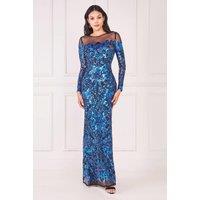 Goddiva Women's Floral Sequin Mesh Maxi in Navy | Size: 10