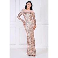 Goddiva Women's Floral Sequin Mesh Maxi in Medium Beige | Size: 8