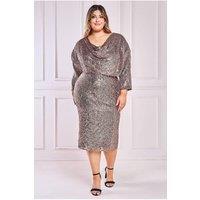 Goddiva Women's Sequin Cowl Neck Midi Dress in Medium Beige | Size: 18