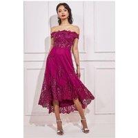 Goddiva Women's Bardot Sequin & Lace High Low Midi in Magenta | Size: 12