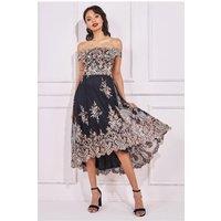 Goddiva Women's Bardot Sequin & Lace High Low Midi in Medium Beige | Size: 8