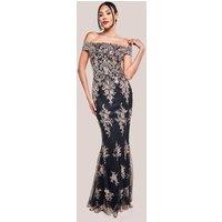 Goddiva Women's Bardot Sequin Embroidered Maxi Dress in Medium Beige | Size: 10