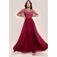 Goddiva Women's Embroidered Top Flutter Sleeve Maxi in Wine | Size: 10