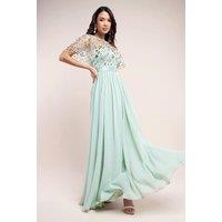 Goddiva Women's Embroidered Top Flutter Sleeve Maxi in Pale Green | Size: 10