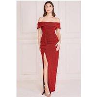 Goddiva Women's Sparkle Bardot Maxi With Waterfall Ruffle in Red | Size: 10