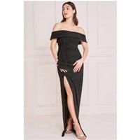 Goddiva Women's Sparkle Bardot Maxi With Waterfall Ruffle in Black | Size: 12