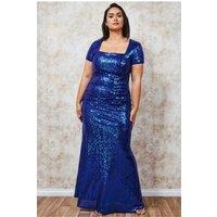 Goddiva Women's Sequin Portrait Neckline Maxi Dress in Cobalt | Size: 26