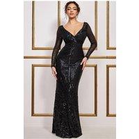 Goddiva Women's Long Sleeve Sequin V Wrap Maxi Dress in Black | Size: 10