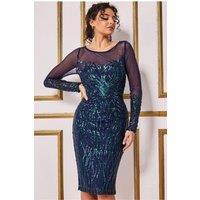 Goddiva Women's Long Sleeve Sequin Flame Midi Dress in Navy | Size: 10