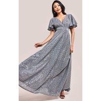 Goddiva Women's Sequin Sparkling Flutter Sleeve Maxi Dress in Silver | Size: 8