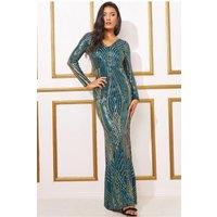 Goddiva Women's Two Toned V Neck Sequin Maxi in Emerald | Size: 12