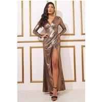 Plunge Neck Pleated Foil Maxi Dress