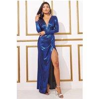 Plunge Neck Pleated Foil Maxi Dress
