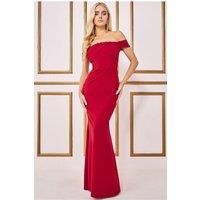 Pleated Bardot Scuba Maxi Dress