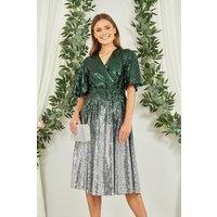 Yumi Women's Green & Silver Ombre Sequin Midi Wrap Dress | Size: 8