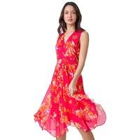 Roman Women's Floral Print Chiffon Shirred Asymmetric Dress in Cerise | Size: 18