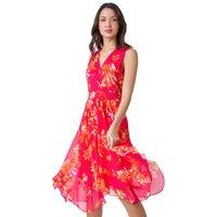 Roman Women's Floral Print Chiffon Shirred Asymmetric Dress in Cerise | Size: 20