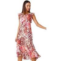 Roman Women's Floral Print Chiffon Frill Detail Midi Dress in Pink | Size: 18