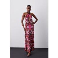 Slinky Knit Contrast Piping Halter Neck Maxi Dress