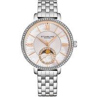 STHRLING Original 4038 Women's Moonphase Watch Crystal Studded Bezel, & Mother-of-Pearl Dial with Stainless Steel Link Bracelet in Silver