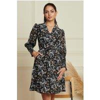 Jolie Moi Women's Shirred Cuff Tie Waist Dress in Navy | Size: 16