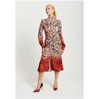 Liquorish Women's Zebra Print Midi Dress With High Neck & Draped Waist Detail In Orange & Nude in Red | Size: 16