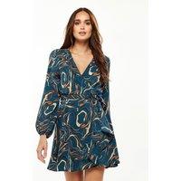 Liquorish Women's Scribble Print Mini Wrap Dress With Long sleeves in Dark Green | Size: 10
