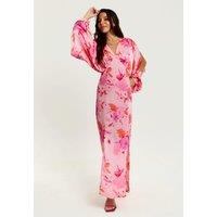 Liquorish Women's Floral Print Maxi Dress In Pink With Sleeve Slits | Size: 8