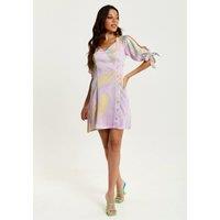 Liquorish Women's Mini Abstract Brush Stroke Print Dress With V Neck, Tie Back & Tie Sleeves In Lilac in Purple | Size: 16