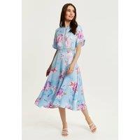 Liquorish Women's Midi Floral Print Dress With Mesh Detail In Blue | Size: 10