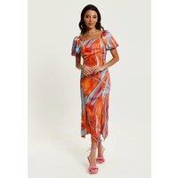 Liquorish Women's Abstract Print Midi Dress With a Square neck & Low Back in Orange | Size: 10