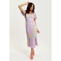 Liquorish Women's Midi Square Neck, Brush Stroke Print Dress In Lilac in Orange | Size: 14