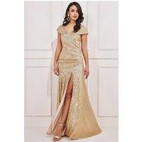 Goddiva Women's Bardot Sequin Pleated Maxi Dress in Gold | Size: 8