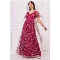 Goddiva Women's Flutter Sleeve Floral Embroidered Maxi in Wine | Size: 8