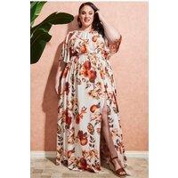 Goddiva Women's Plus Wrap Back Flutter Sleeve Maxi in Beige | Size: 18