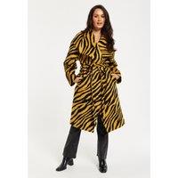Liquorish Women's Zebra Print Longline Coat In Mustard & Black | Size: 8