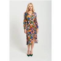 Liquorish Women's Abstract Leaf Print Midi Ruched Dress In Olive | Size: 8