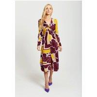 Liquorish Women's Geometric Floral Print Knotted Midi Dress In Mustard & Burgundy | Size: 14