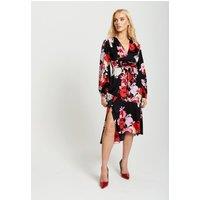 Liquorish Women's Rose Print Midi Lace Up Dress In Red & Pink in Black | Size: 8