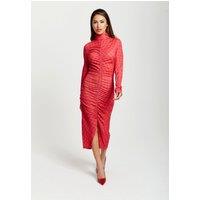 Liquorish Women's Distorted Houndstooth Print Fitted Midi Dress With High Neck & Ruching Detail in Pink | Size: 10