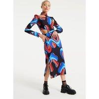 Abstract Print Midi Dress With Front Cut Out Detail