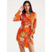Liquorish Women's Checked Floral Print Mini Wrap Dress in Orange | Size: 8