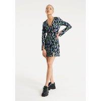 Neon Green And Pink Flame Print Long Sleeve Mini Dress